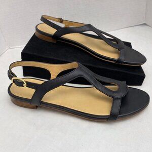 Talbots Leather T-Strap Flat Sandals Black Size 8.5